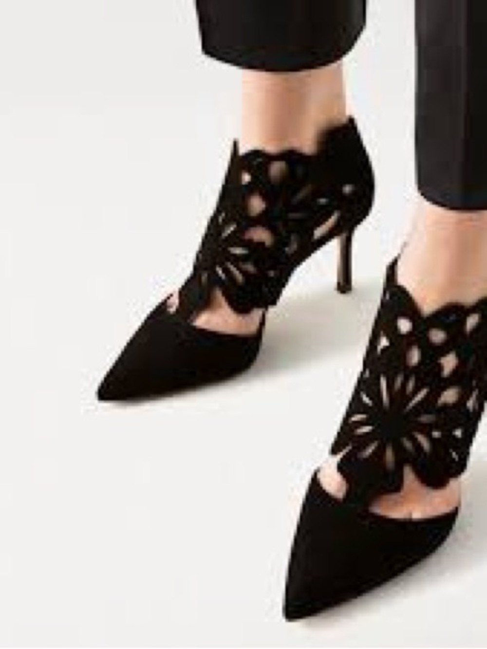 Zara Black Floral Laser-Cut Pointed Toe Heels